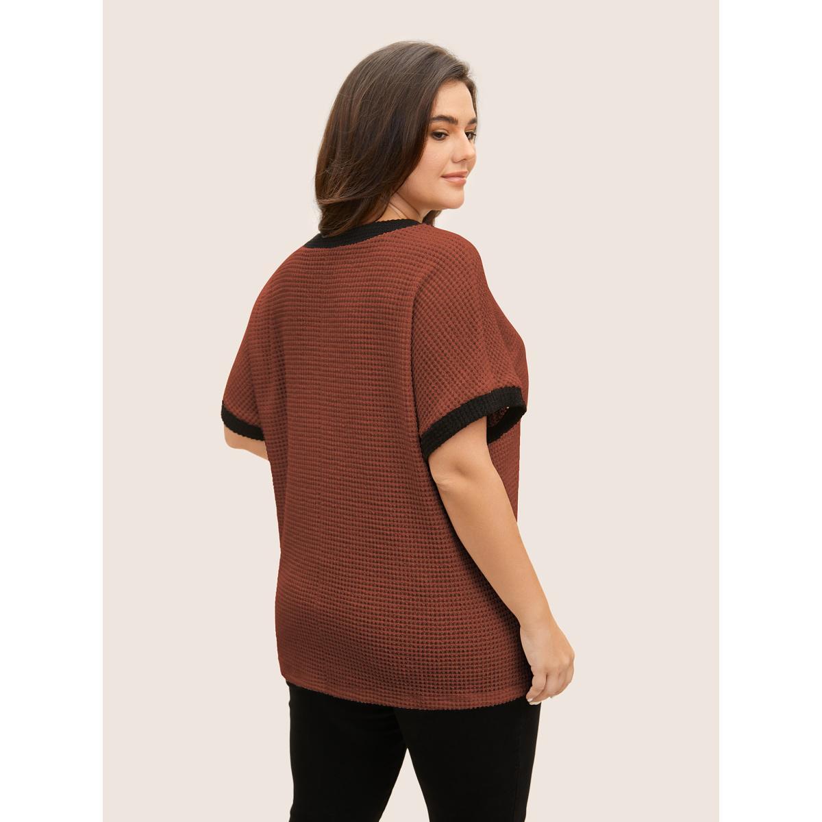 Plus Size V Neck Contrast Button Detail Knit T-shirt Rust Women Casual Texture V-neck Everyday T-shirts BloomChic 14-16/1X Product Image
