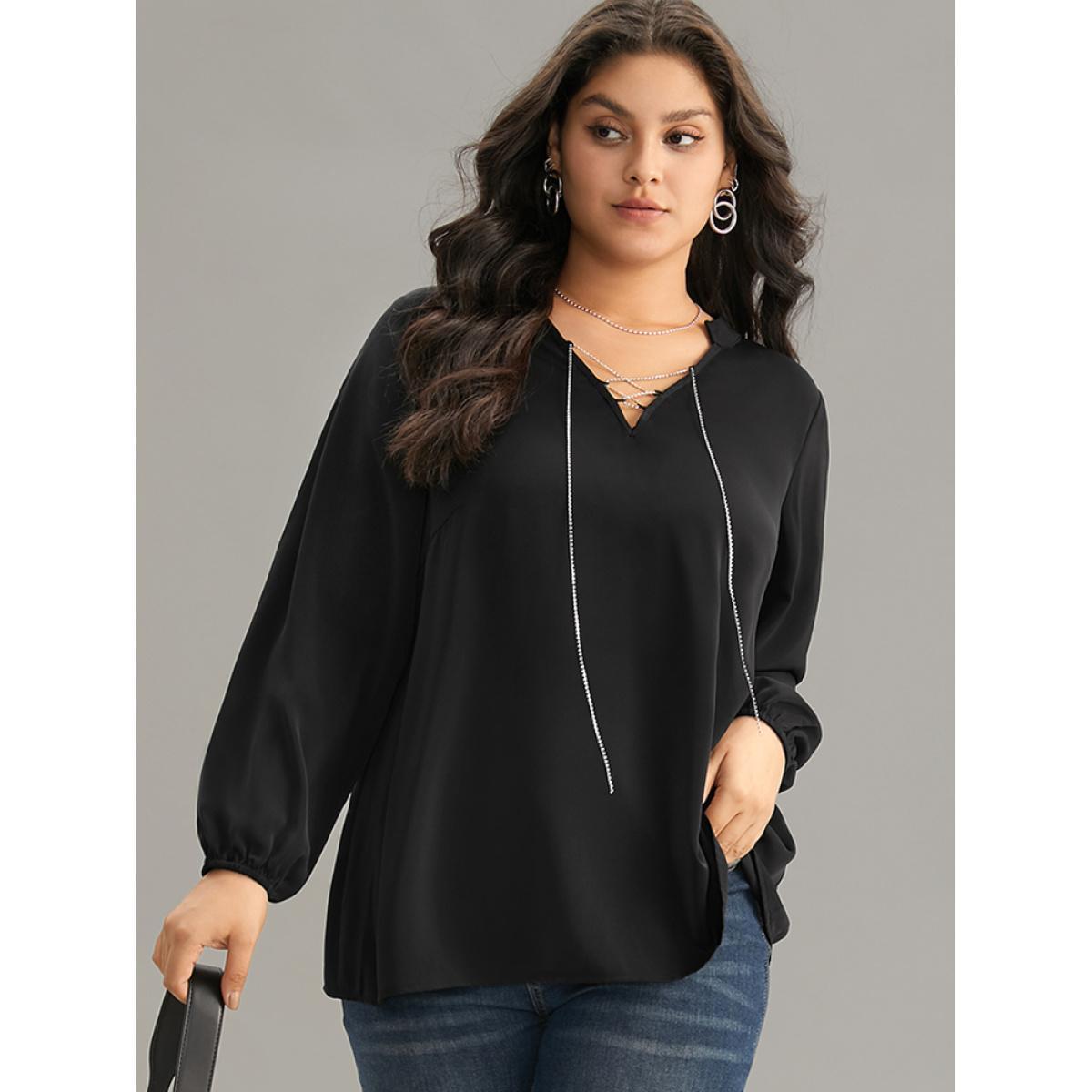 Plus Size Black Anti-Wrinkle Lace Up Chain Detail Lantern Sleeve Blouse Women Office Long Sleeve Tie Neck Party Blouses BloomChic 14-16/1X Product Image
