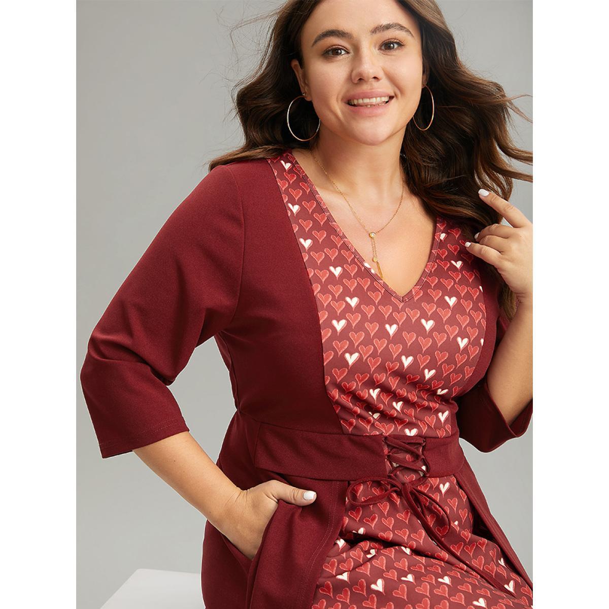 Plus Size Heart Print Patchwork Print Lace Up Ties Dress Scarlet Women Casual Cross straps V-neck Elbow-length sleeve Curvy Midi Dress BloomChic 28/5X Product Image