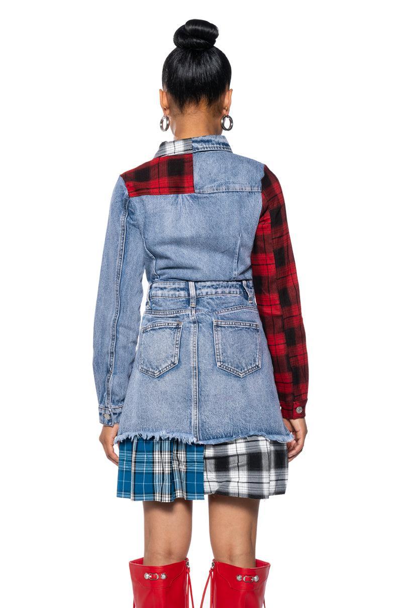 PATCHWORK PLAID DENIM MINI DRESS Product Image