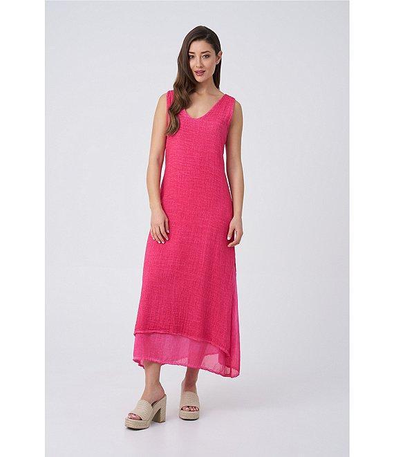 M Made in Italy Cotton Linen Blend V-Neck Sleeveless Hi-Low Dress Product Image