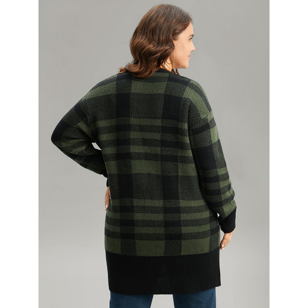 Plus Size Plaid Patchwork Split Side Open Front Cardigan DarkGreen Women Casual Loose Long Sleeve Festival-Christmas Cardigans BloomChic 12/L Product Image