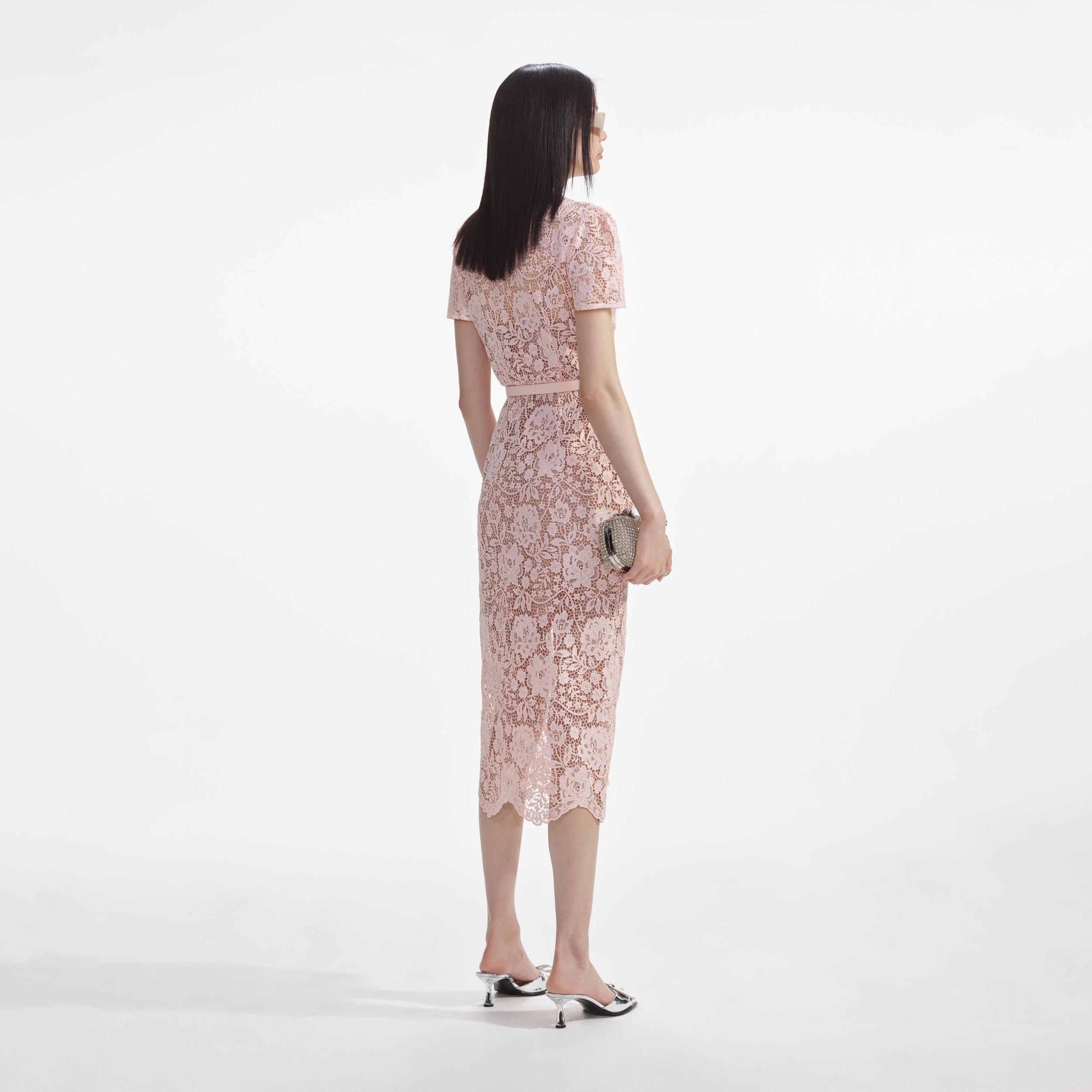 Pink Lace Diamante Bow Midi Dress Product Image
