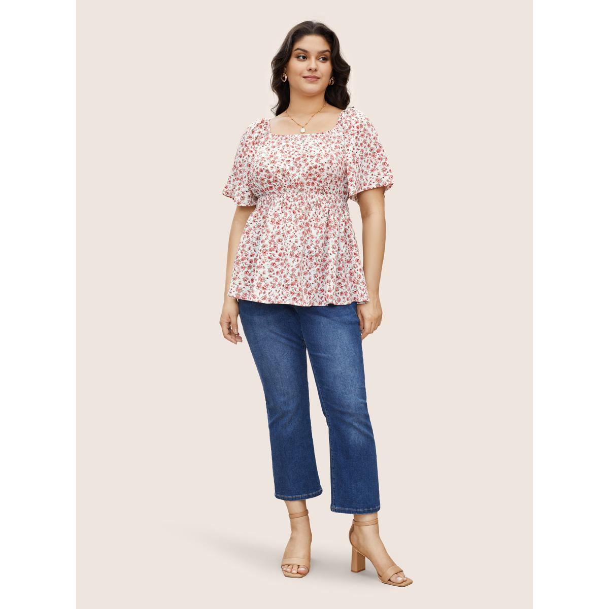 Plus Size DustyPink Ditsy Floral Ruffle Sleeve Shirred Square Neck Blouse Women Elegant Short sleeve Square Neck Everyday Blouses BloomChic 30/6X Product Image