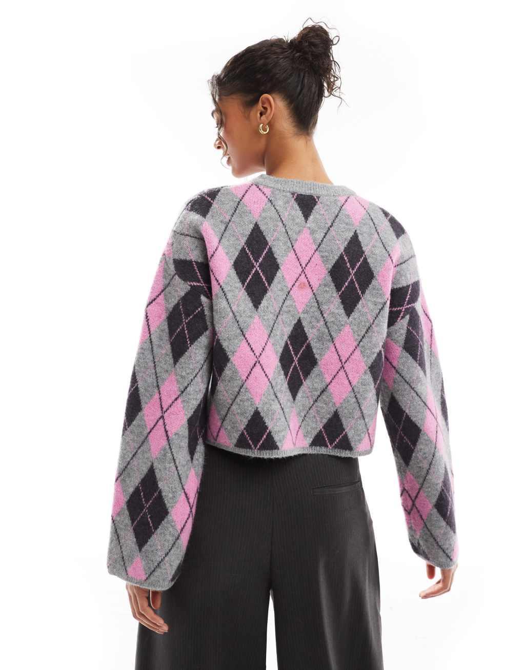 Bershka argyle round neck sweater in gray & pink Product Image