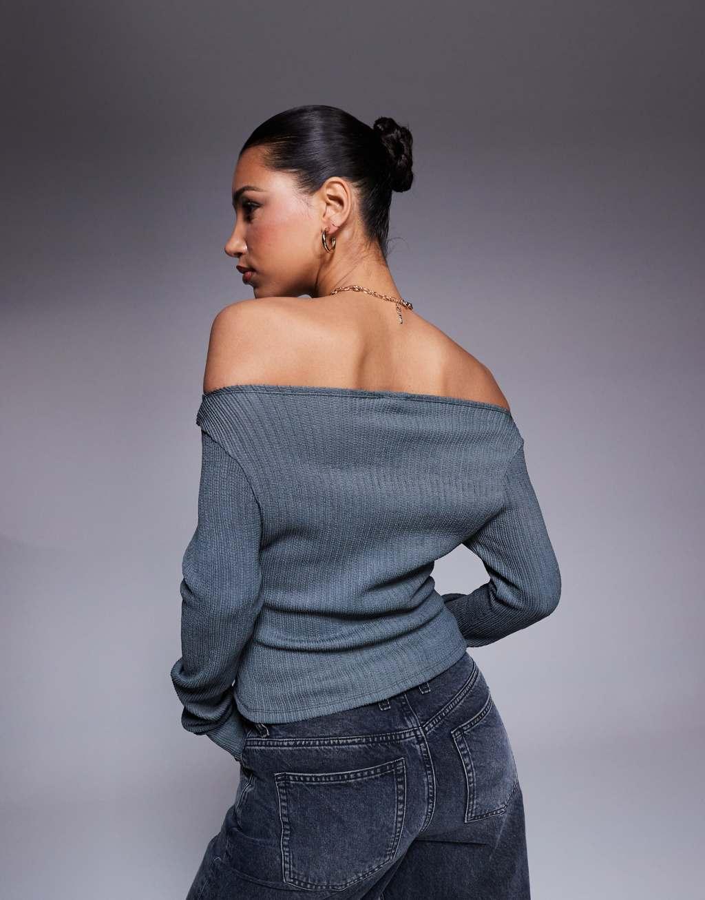 ASOS DESIGN off-shoulder fitted long sleeve top in slate crinkle Product Image
