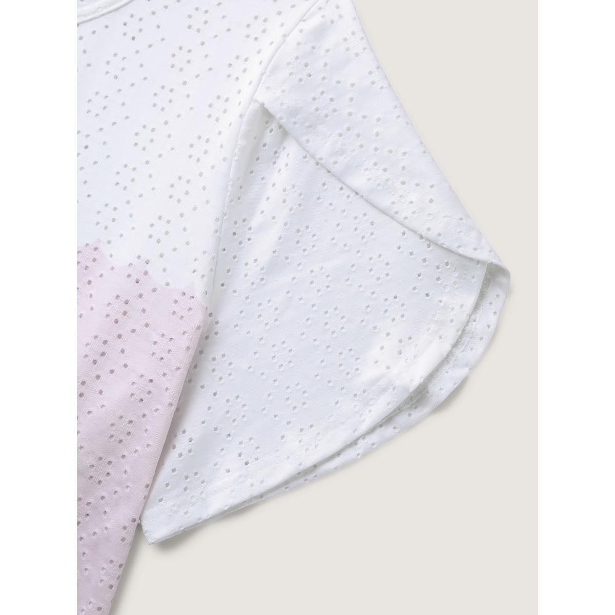 Plus Size Eyelet Trim Color Block Stretchy T-Shirt WhiteSmoke Women Petal edge Round Neck Everyday-Casual T-shirts BloomChic 28/5X Product Image