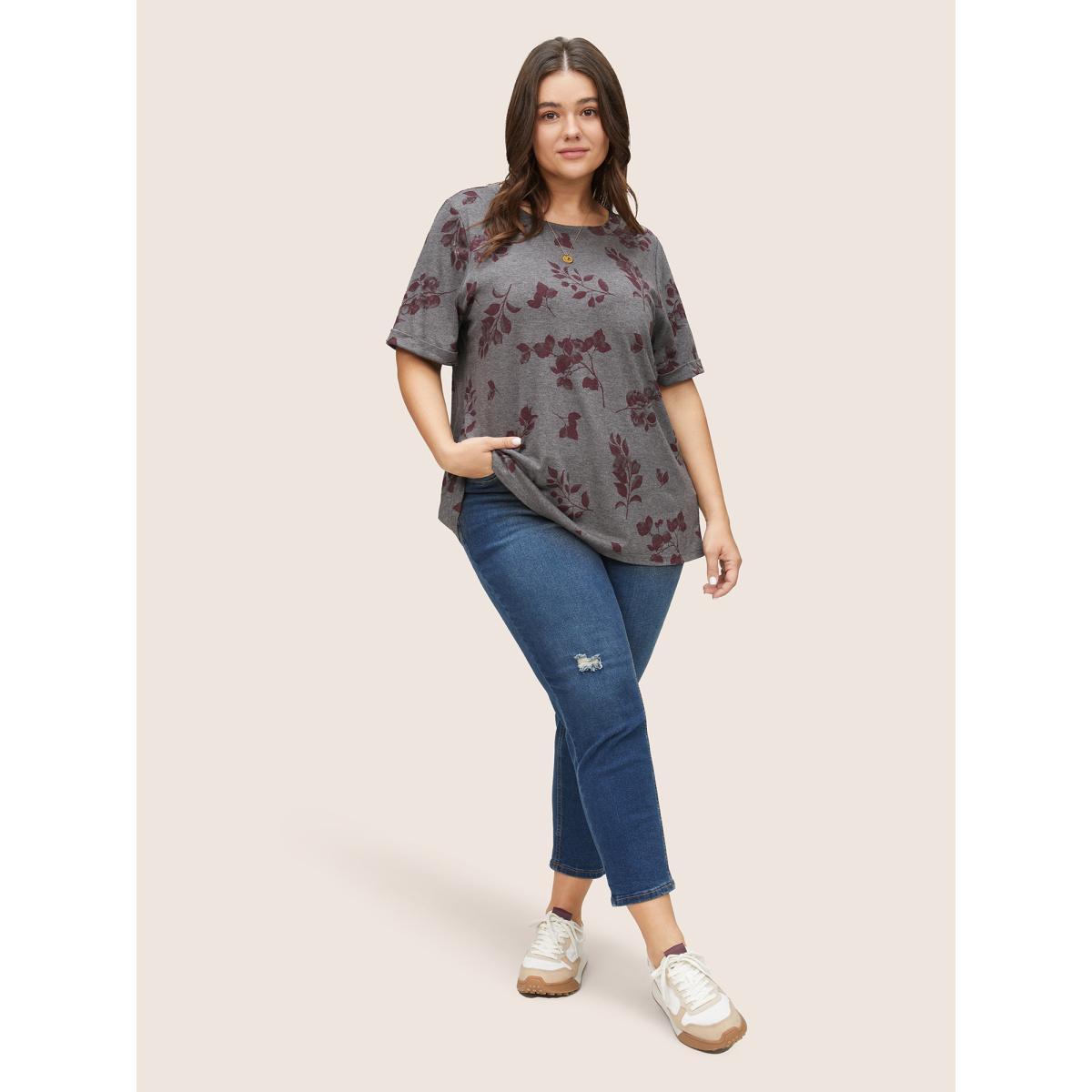 Plus Size Plants Print Roll Hem T-shirt DimGray Women Casual Non Plants Round Neck Everyday T-shirts BloomChic 12/L Product Image