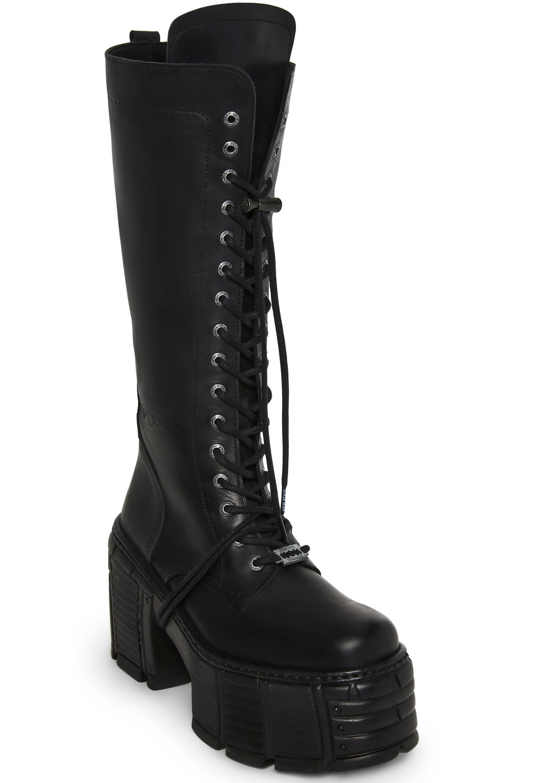 New Rock M-TM002-C2 Lace-Up Knee High Boots - Black Product Image