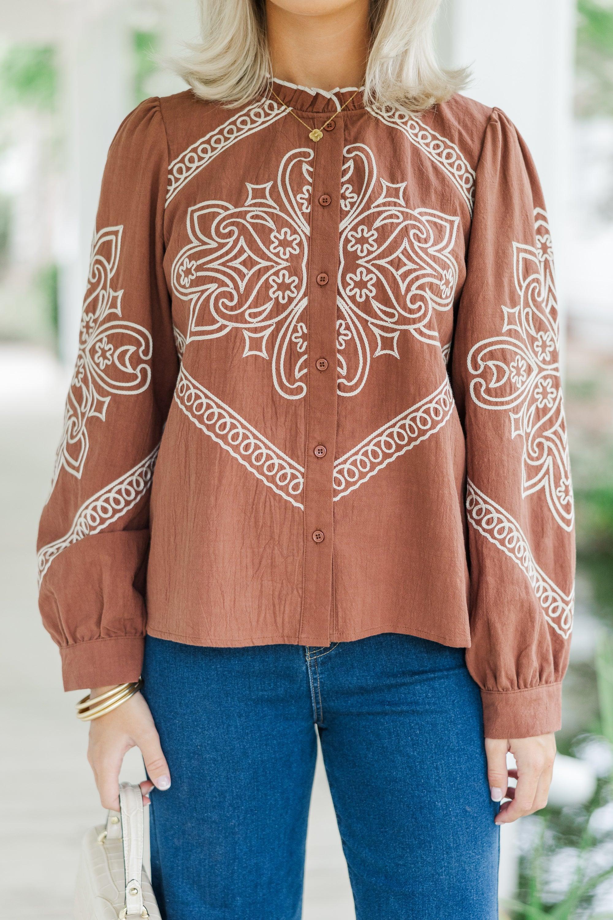 Western Discovories Mocha Brown Embroidered Blouse Product Image