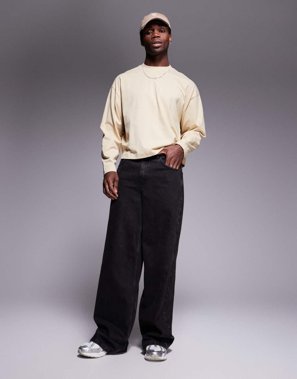 ASOS DESIGN oversized boxy long sleeve T-shirt with dropped armhole in yellow Product Image