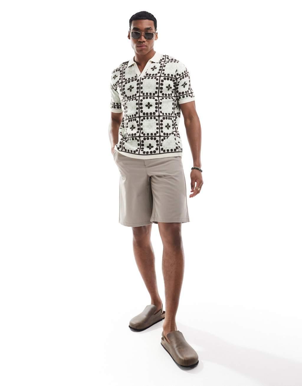 ASOS DESIGN knit crochet notch neck polo in sage green and brown Product Image