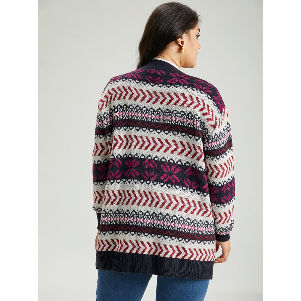 Plus Size Geo Print Open Front Patchwork Cardigan Multicolor Women Casual Loose Long Sleeve Festival-Christmas Cardigans BloomChic 18-20/2X Product Image