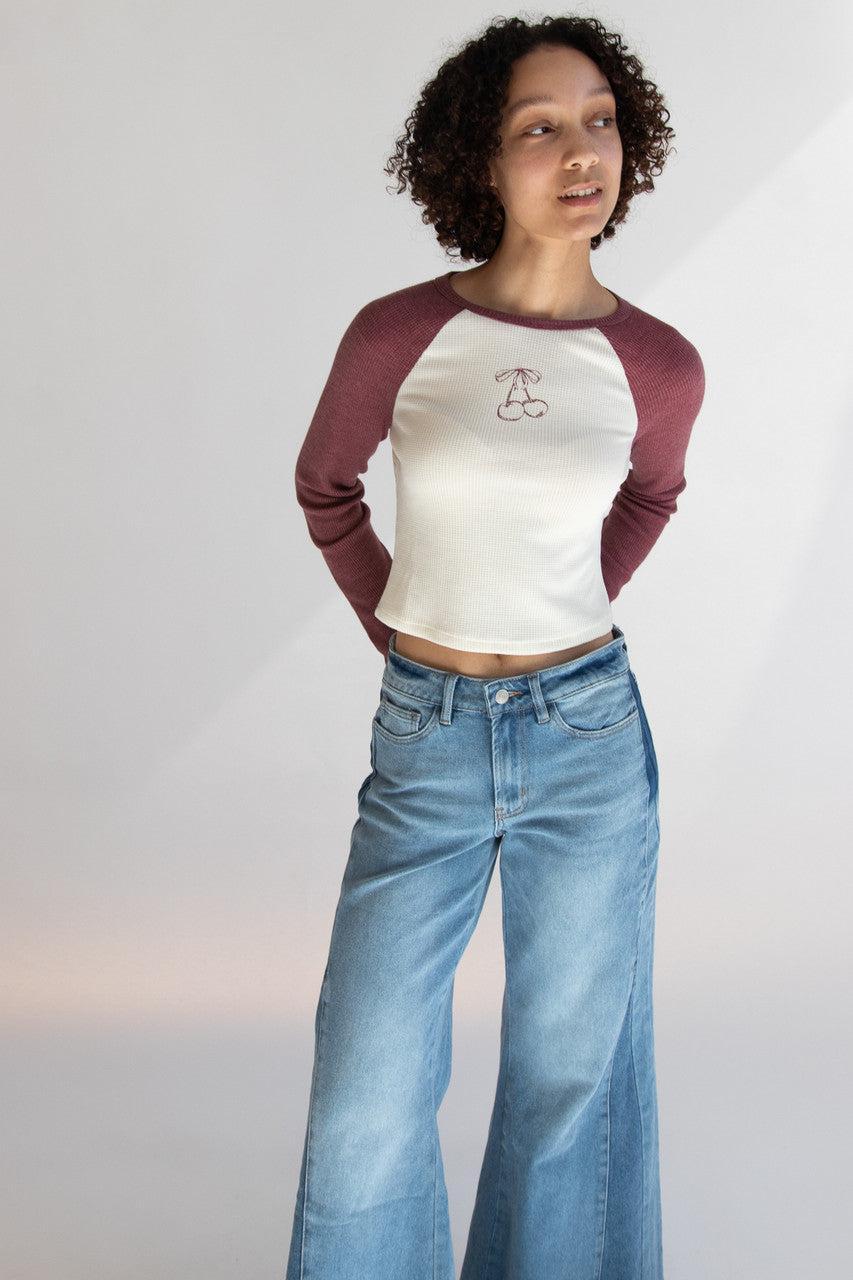 Cherry Waffle Weave Long Sleeve Baseball Tee Product Image