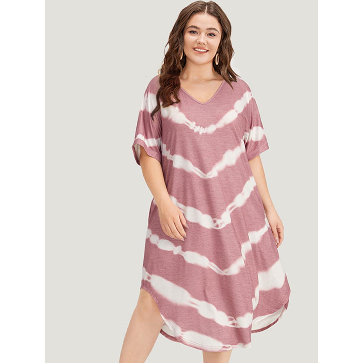Plus Size Tie Dye Striped Two Tone V Neck Pocket Dress DustyPink Women Casual Tie Dye V-neck Short sleeve Curvy Midi Dress BloomChic 30/6X Product Image
