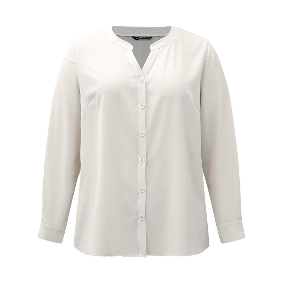 Plus Size Ivory Solid Notched Button Through Blouse Women Office Long Sleeve Notched collar Work Blouses BloomChic 30/6X Product Image