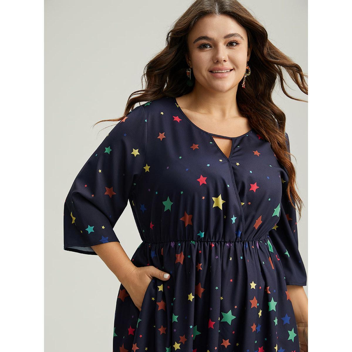 Plus Size Star Print Keyhole Pocket Elastic Waist Dress Indigo Women Elegant Printed Keyhole Cut-Out Elbow-length sleeve Curvy Midi Dress BloomChic 22-24/3X Product Image