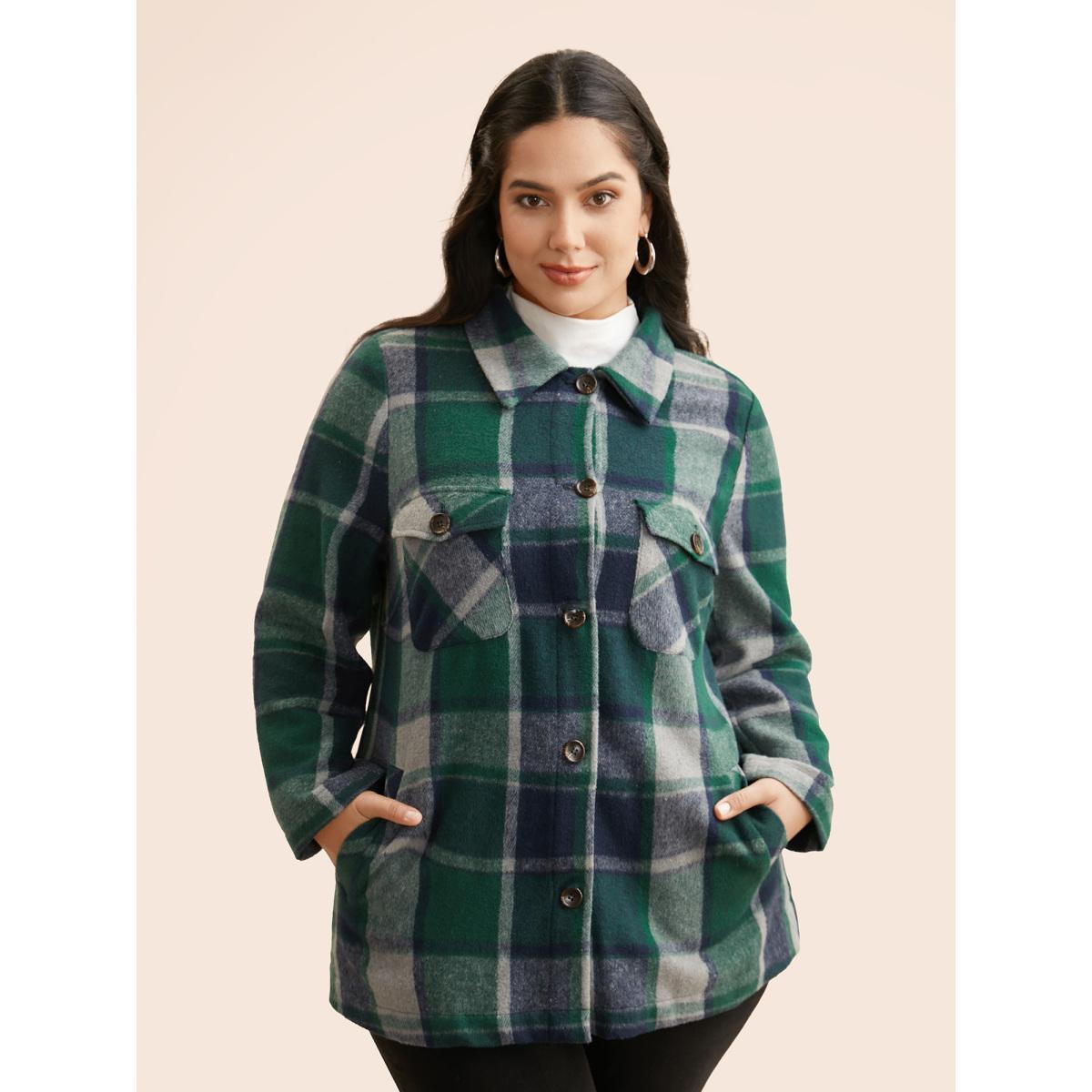 Plus Size Plaid Shirt Collar Patched Pocket Jacket Women DarkGreen Button Loose Slanted pocket Everyday Jackets BloomChic 30/6X Product Image