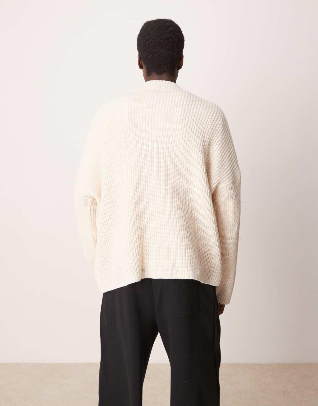 ASOS DESIGN super oversized boxy fit ribbed knit polo in ecru Product Image