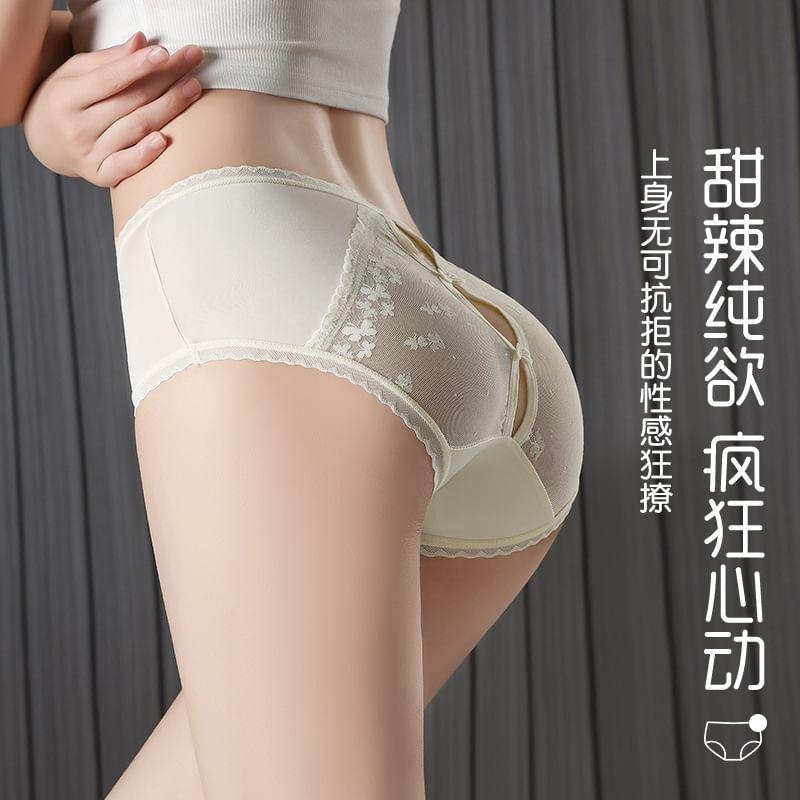 Butterfly Print Lace Trim Mesh Panel Bikini Panties Product Image