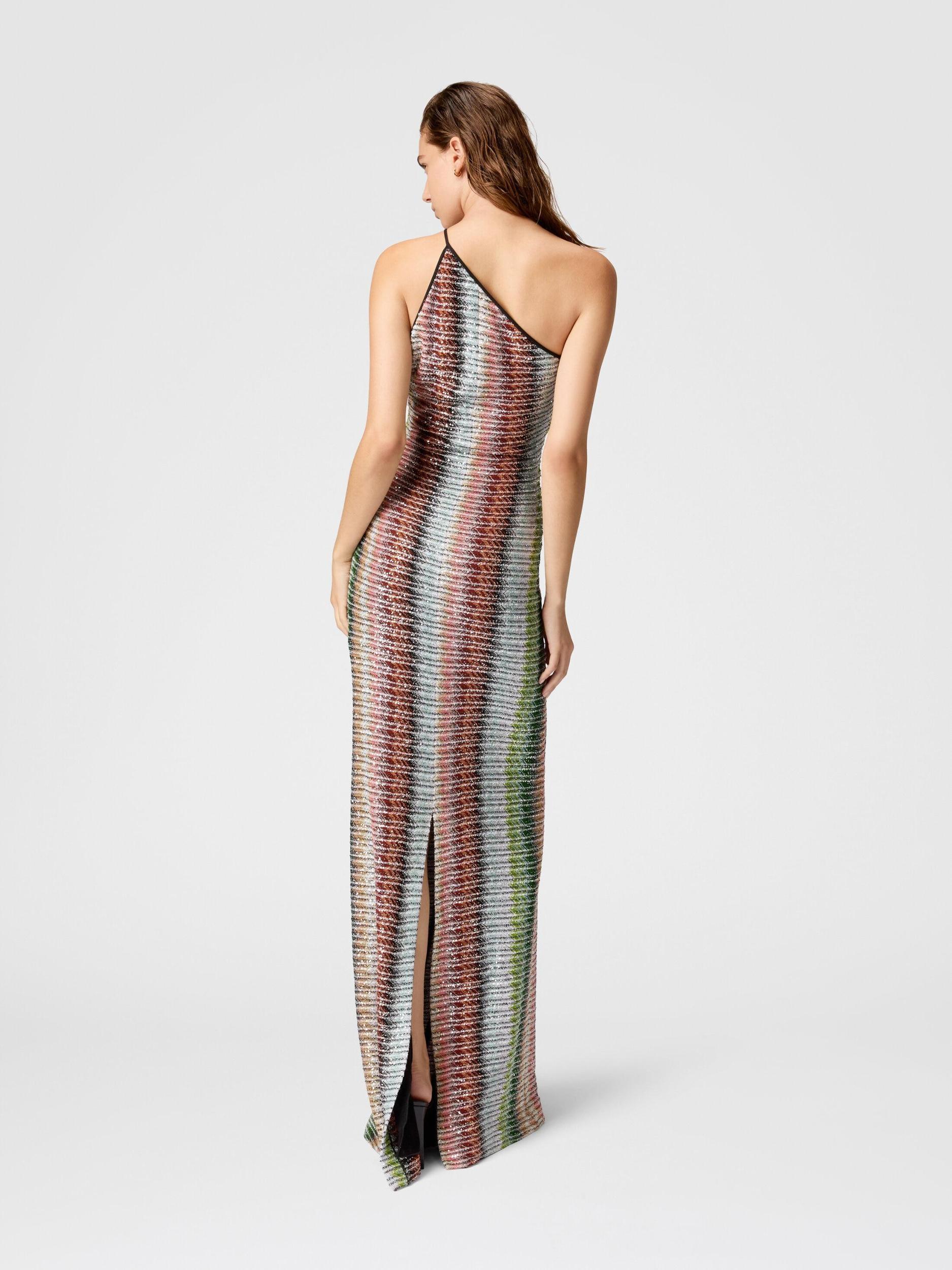 Long one-shoulder dress in gradient zigzag knit with sequins Product Image