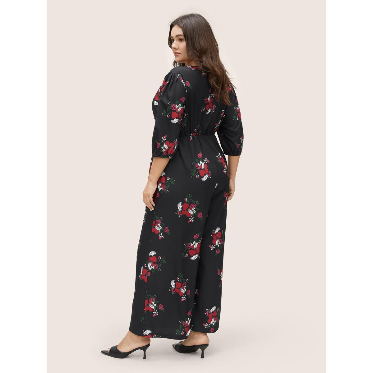 Plus Size Black Floral Elastic Waist Overlap Collar Gathered Jumpsuit Women Elegant Elbow-length sleeve Overlap Collar Everyday Loose Jumpsuits BloomChic 26/4X Product Image