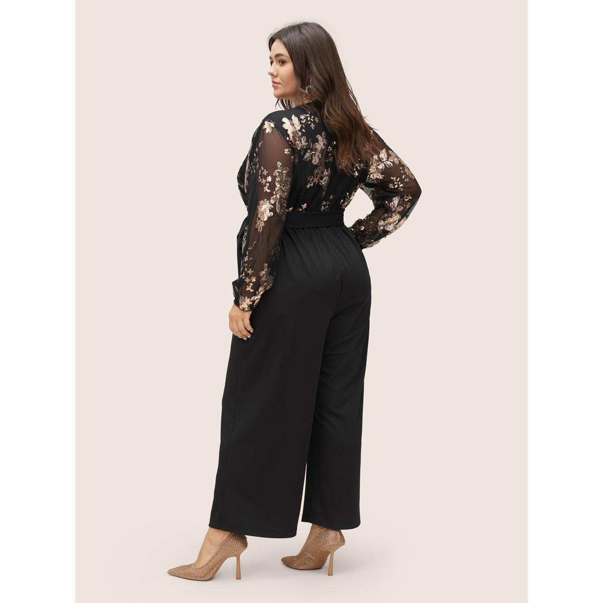 Plus Size Black Sequin Mesh Patchwork Wrap Belted Jumpsuit Women Cocktail Long Sleeve Overlap Collar Party Loose Jumpsuits BloomChic 28/5X Product Image