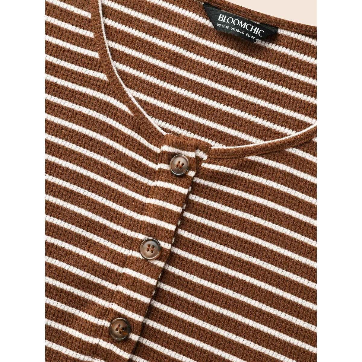 Plus Size Striped Textured Button Up T-shirt Browncoffeecolor Women Casual Button Round Neck Everyday T-shirts BloomChic 30/6X Product Image