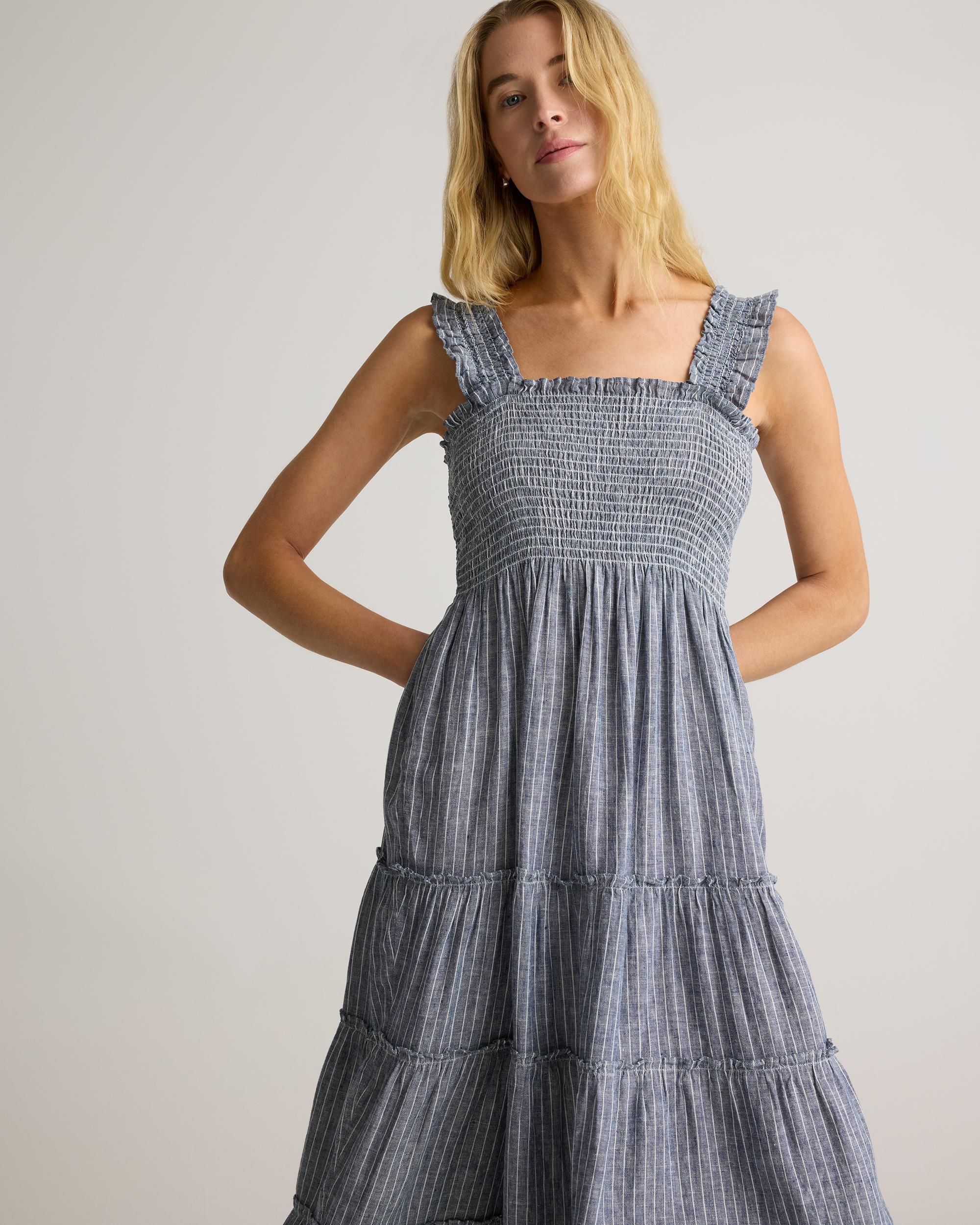 100% European Linen Smocked Midi Dress Product Image