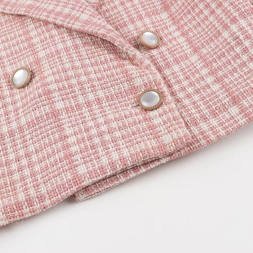 Peak Lapel Plaid Tweed Double Breasted Blazer Product Image
