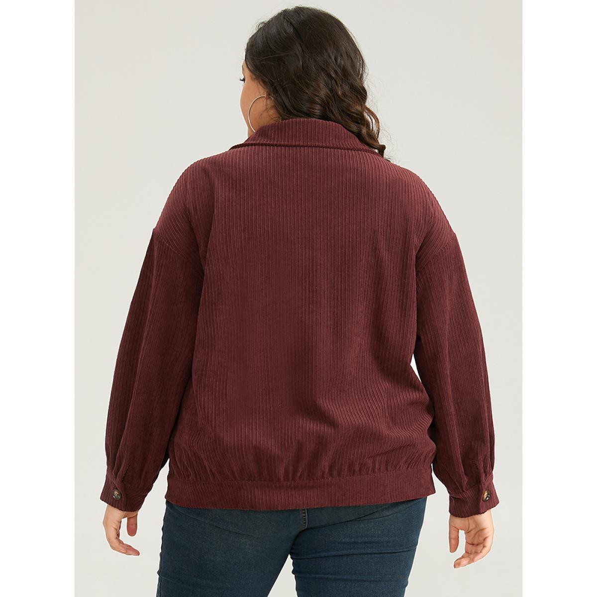 Plus Size Plain Texture Button Through Gathered Jacket Women Maroon Texture Dailywear Jackets BloomChic 18-20/2X Product Image