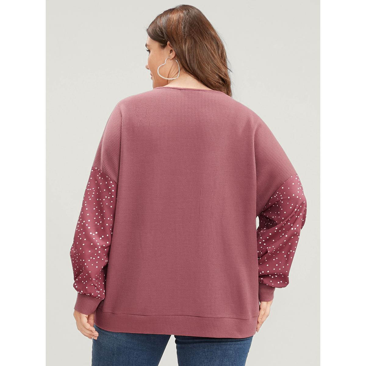 Plus Size Polka Dot Patchwork Wrap Waffle Knit Sweatshirt Women DustyPink Elegant Patchwork V-neck Dailywear Sweatshirts BloomChic 12/L Product Image