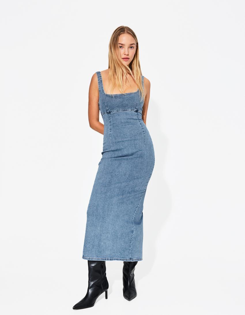 Long denim dress with straps Product Image