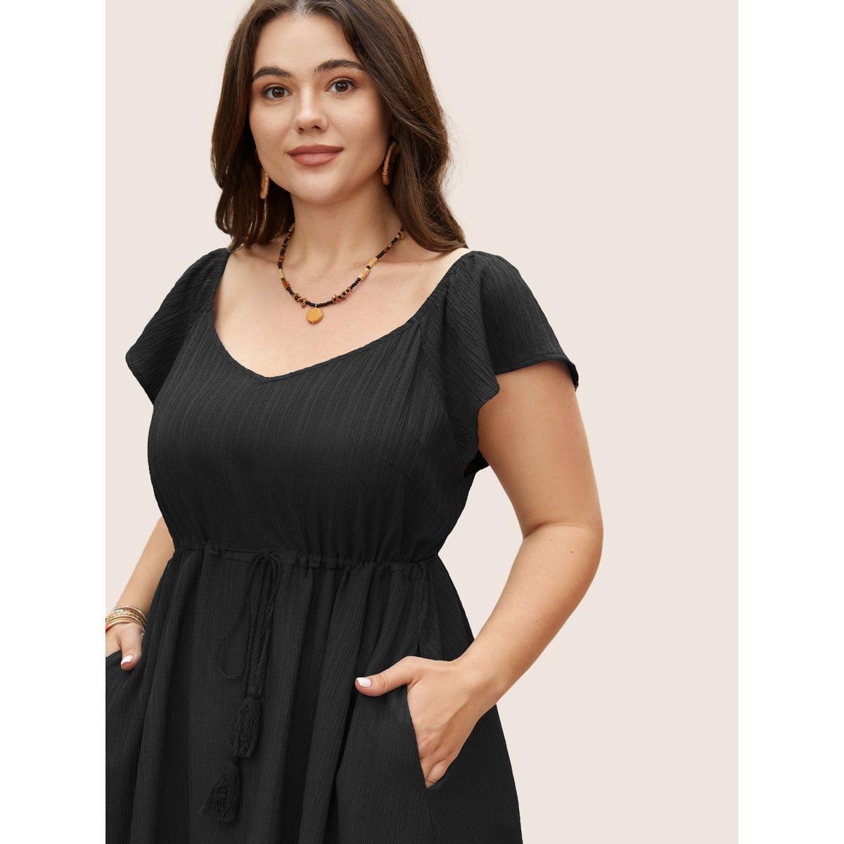 Plus Size Texture Drawstring Tie Knot Tassels Dress Black Women Resort Tie knot V-neck Cap Sleeve Curvy BloomChic 10/M Product Image