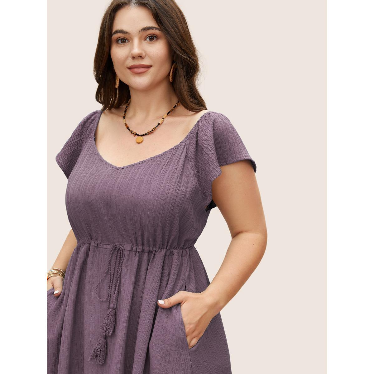 Plus Size Texture Drawstring Tie Knot Tassels Dress Mauve Women Resort Tie knot V-neck Cap Sleeve Curvy BloomChic 26/4X Product Image