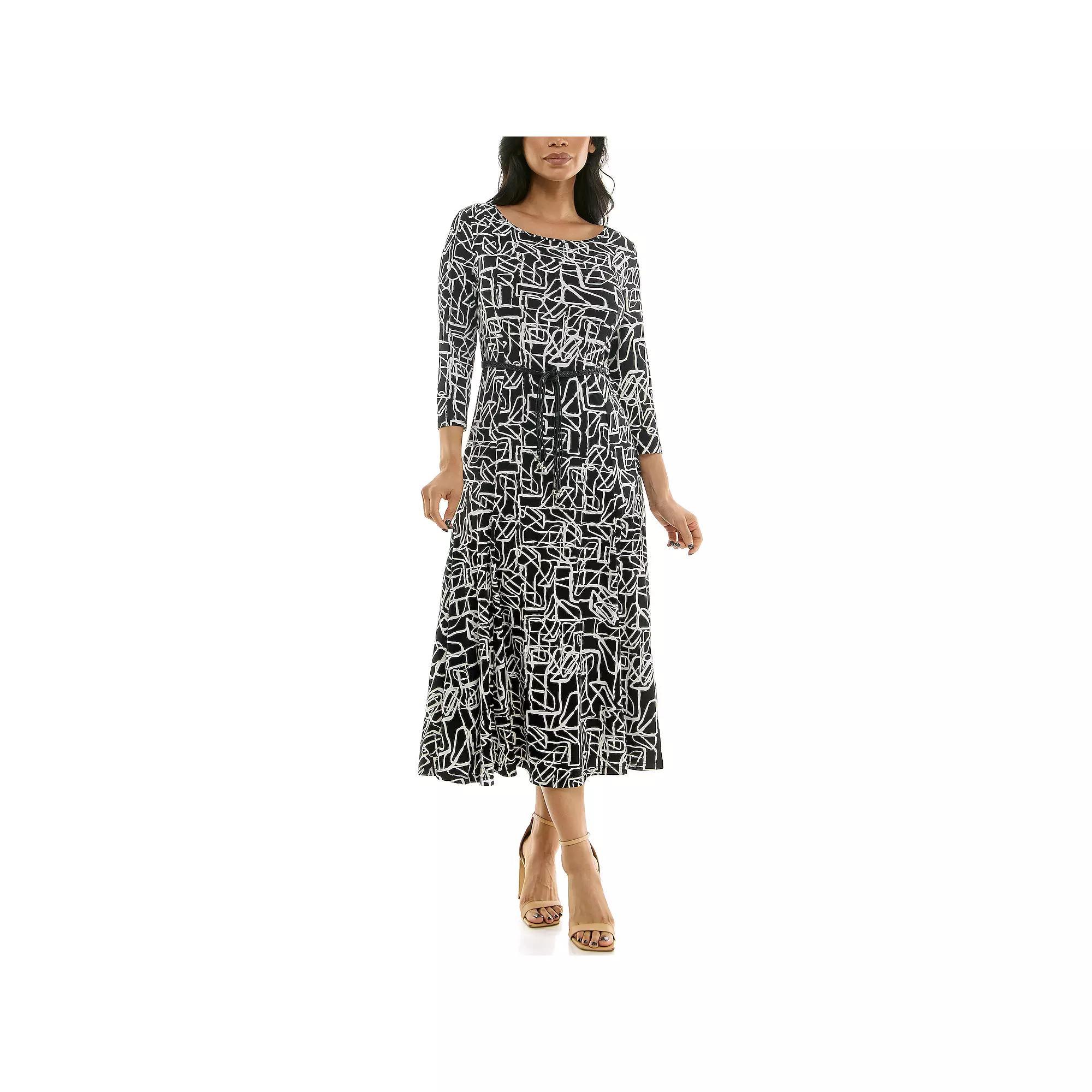 Women's Nina Leonard Sylvia Three-Quarter Sleeve Belted Midi Dress, Size: XL, Black White Combo Product Image