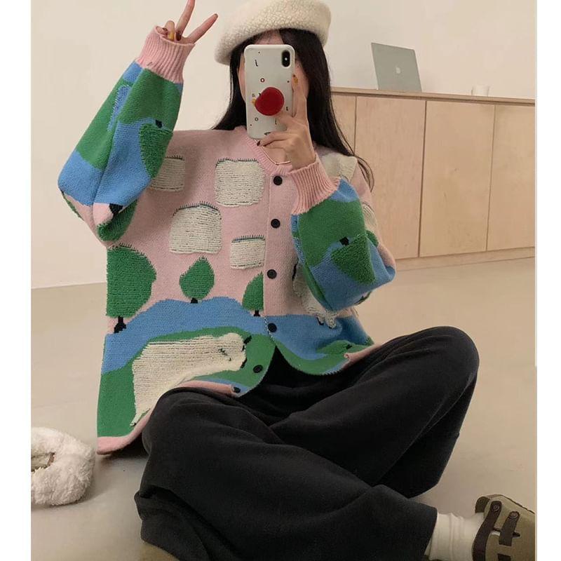 Round Neck Sheep Jacquard Cardigan Product Image
