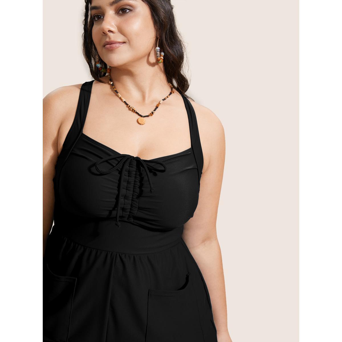 Plus Size Plain Patched Pocket Drawstring One Piece Swimsuit Women's Swimwear Black Beach Gathered Curve Bathing Suits High stretch One Pieces BloomChic 12/L Product Image