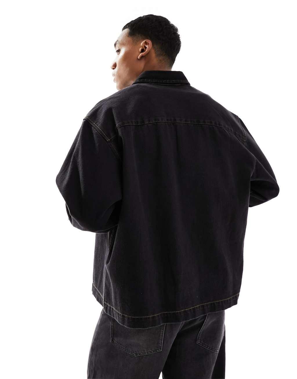 ASOS DESIGN boxy oversized revere shirt with contrast stitch in black  Product Image