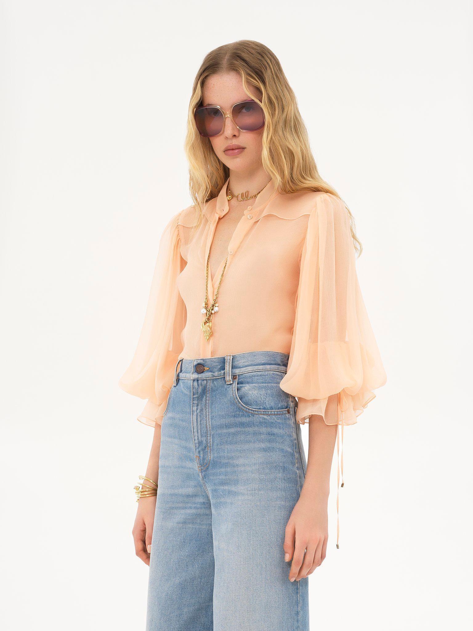 Puff-sleeve blouse in silk mousseline Product Image