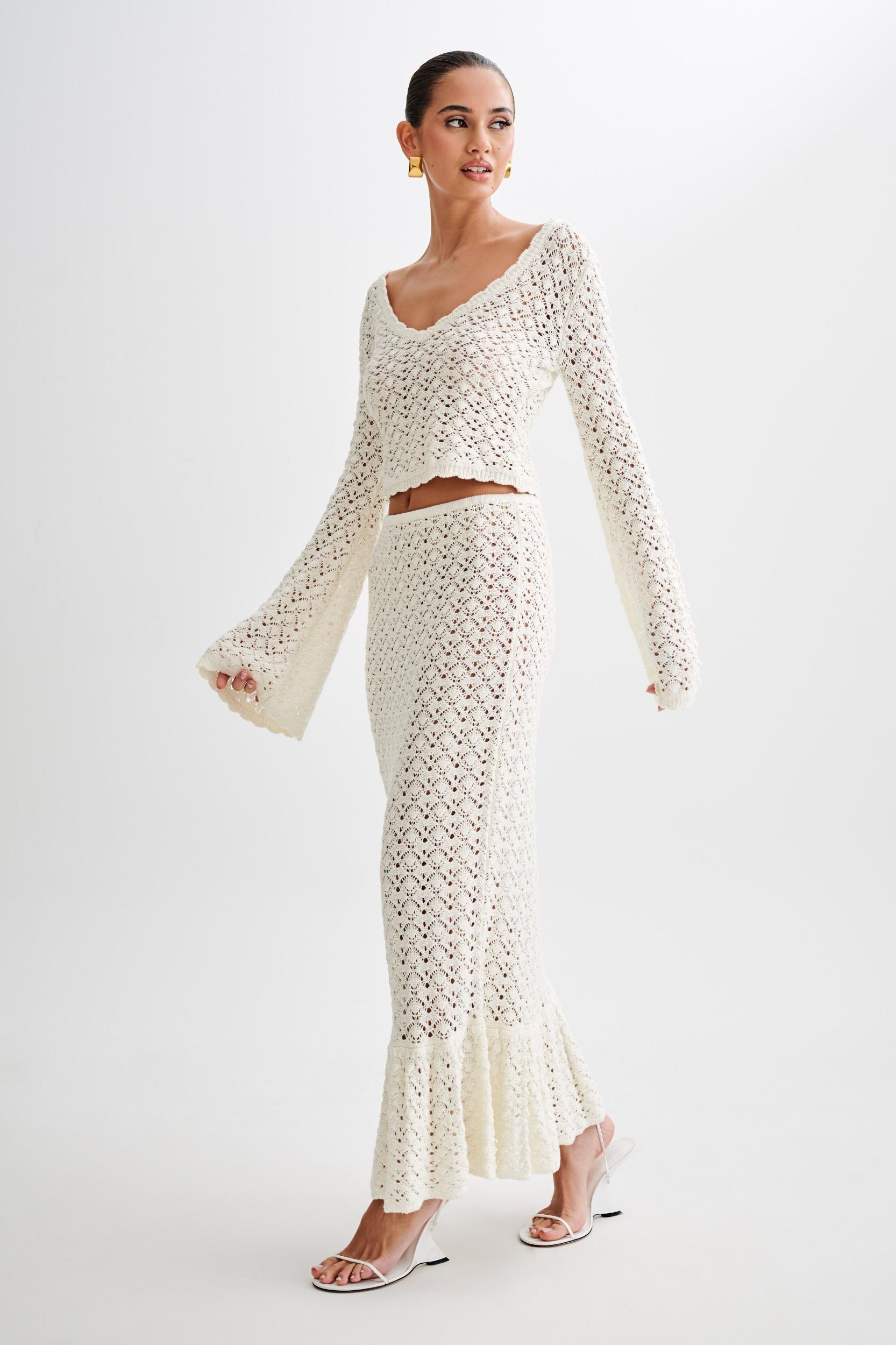 Anais Scalloped Long Sleeve Knit Top - Ivory Product Image