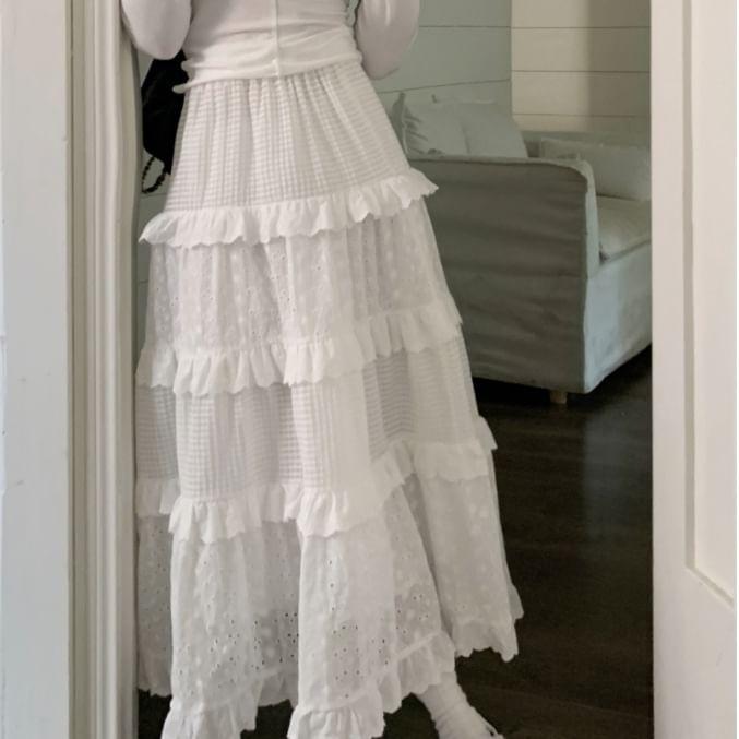 High Waist Plain Eyelet Lace Panel Tiered Midi A-Line Skirt Product Image