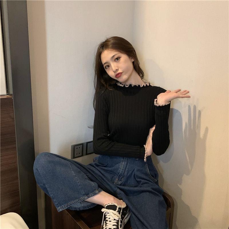 Long-Sleeve Frilled Contrast Trim Slim-Fit Knit Top Product Image