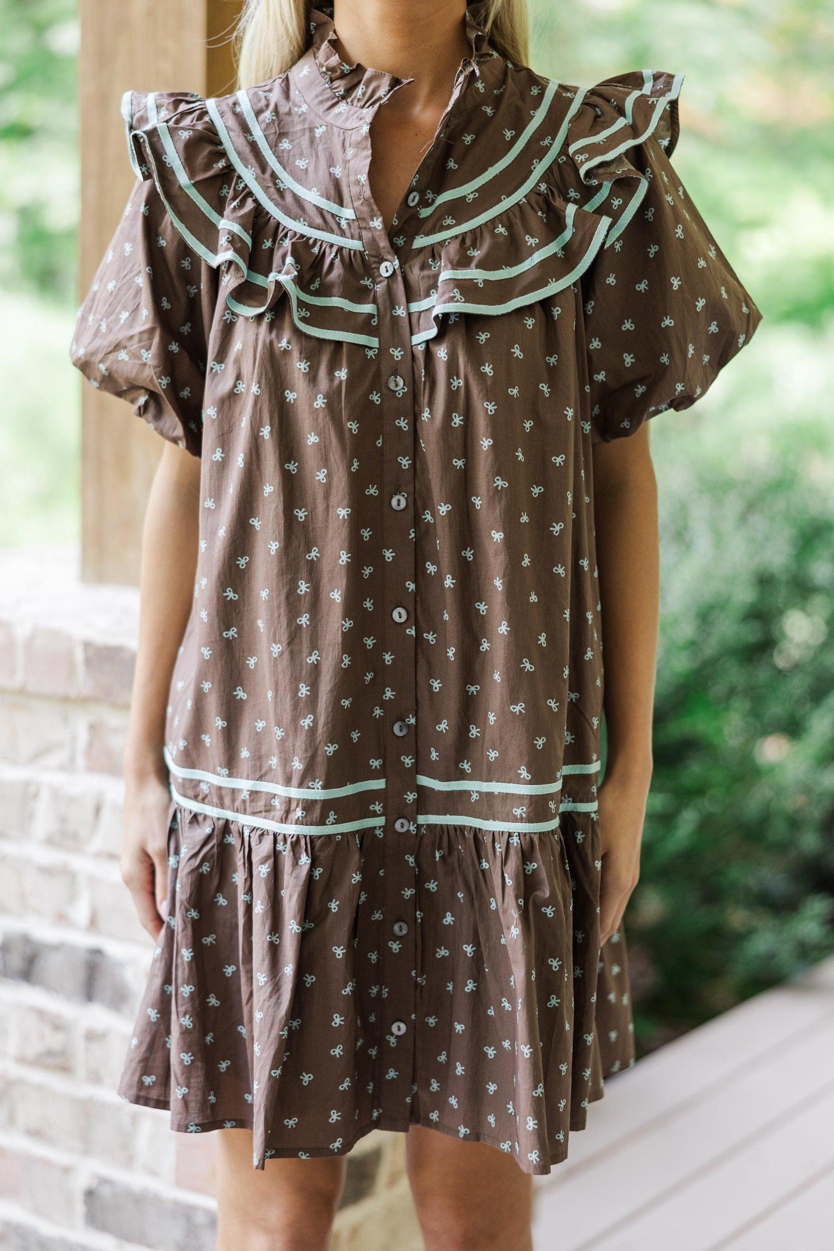 I See You There Brown Bow Printed Dress Female Product Image