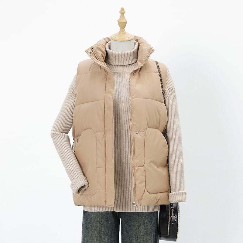 Stand Collar Plain Zip-Up Puffer Vest Product Image