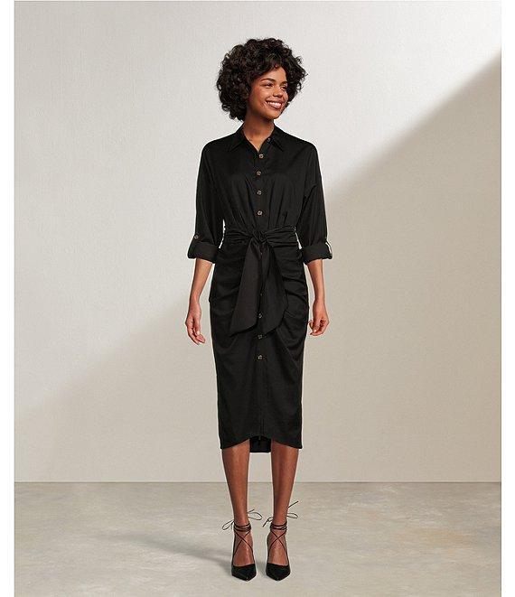 Antonio Melani Roxanne Point Collar Long Sleeve Ruched Tie Waist Button Front Shirt Dress Product Image