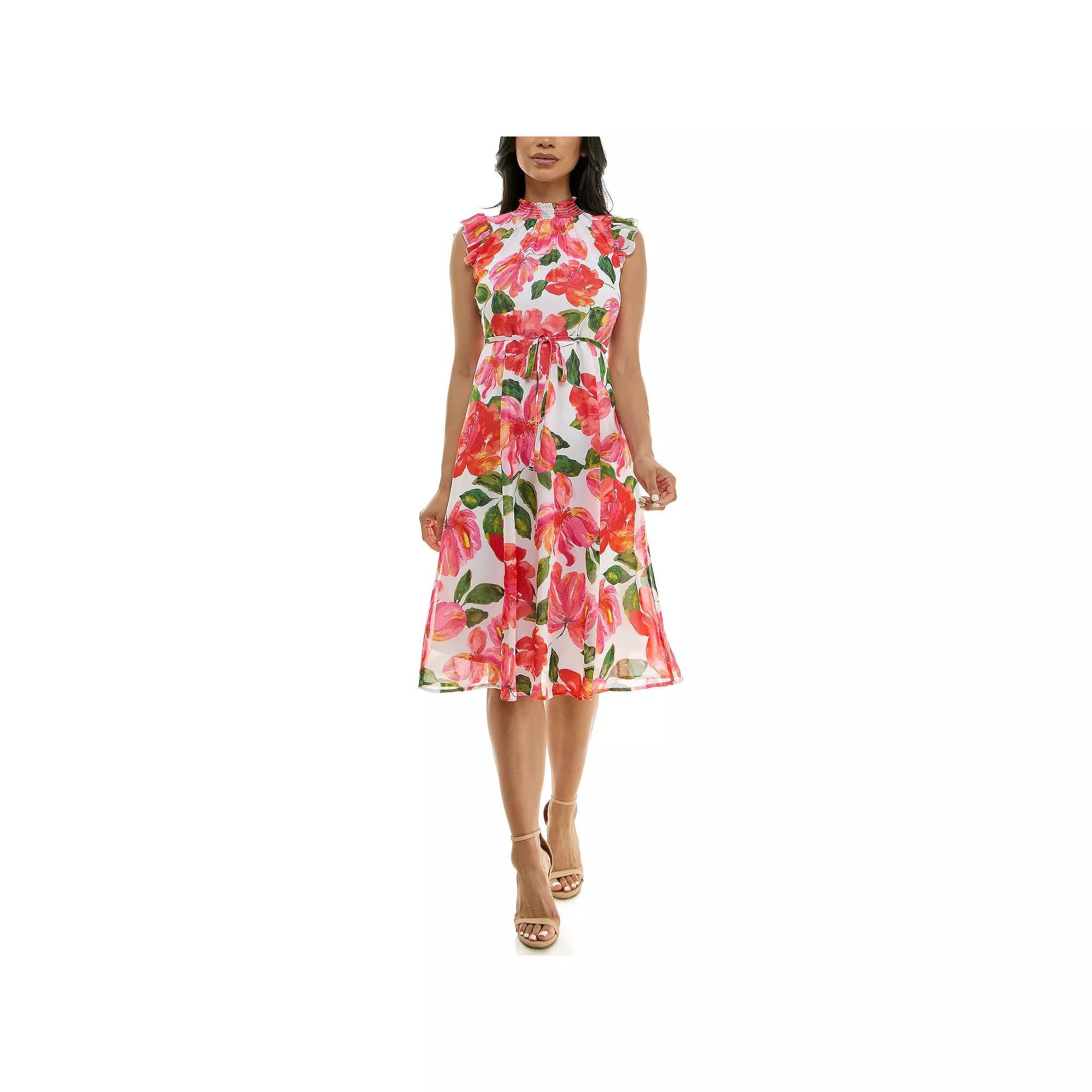 Women's Nina Leonard Smocked Flutter Sleeve Print Dress, Size: XL, Dragon Fruit Team Product Image
