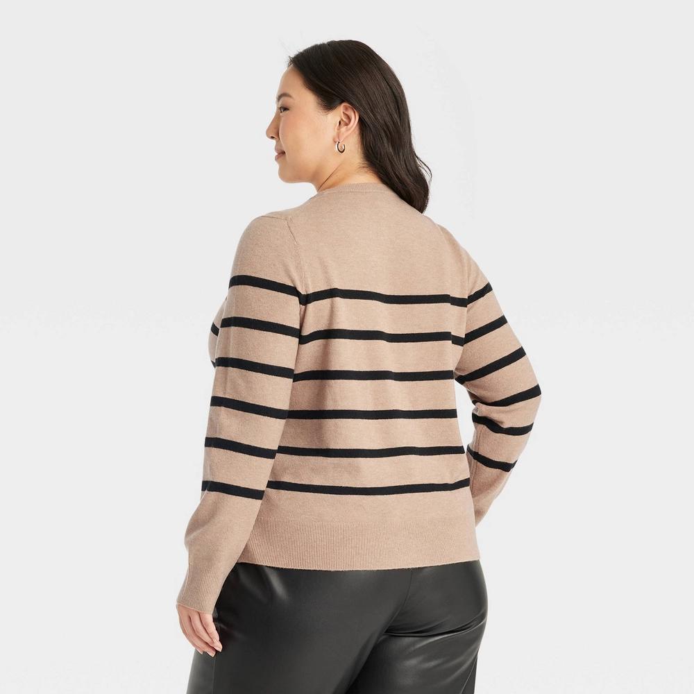 Womens Crewneck Cashfeel Pullover Sweater - A New Day Camel/Black Striped 4X Product Image