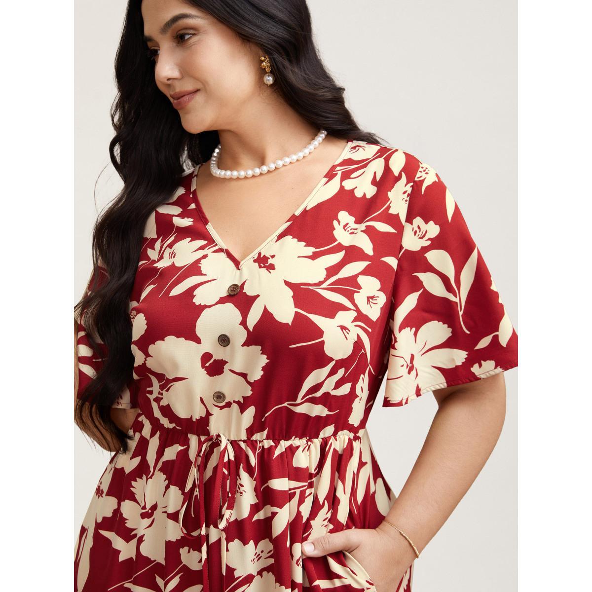 Plus Size Flirty Floral Print Tied Tiered Maxi Dress Russet Women Elegant Tie knot V-neck Half Sleeve Curvy BloomChic 28/5X Product Image