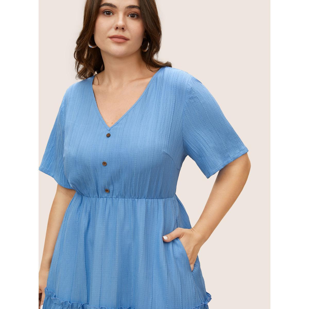 Plus Size Solid Button Detail Ruffle Layered Hem Dress LightBlue Women Casual V-neck Short sleeve Curvy Knee Dress BloomChic 26/4X Product Image
